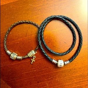 Two Pandora Leather Bracelets with silver Cross Charm